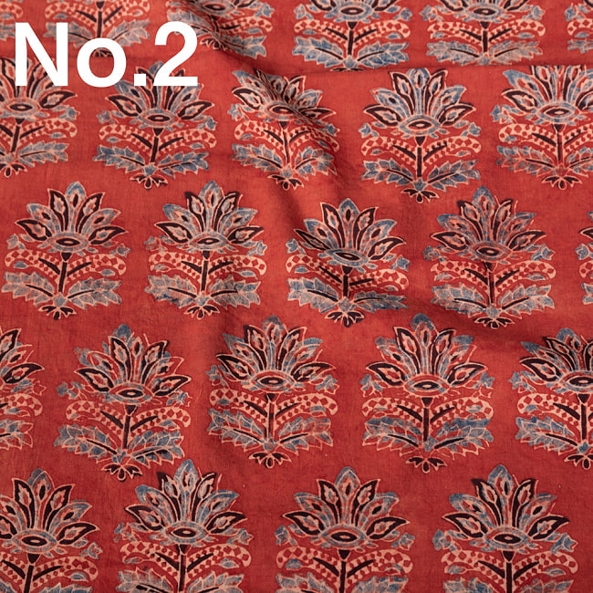 〔1m切り売り〕アジュラックプール村からやってきた　昔ながらの木版染め更紗模様布〔約110cm〕 - レッド系 10 - No.2：薄め系
