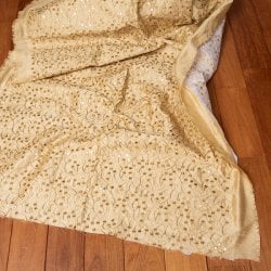 〔1m単位切り売り〕インドの伝統模様布 ミラーワーク系ファブリック キラキラ生地〔約110cm〕シャンパン系