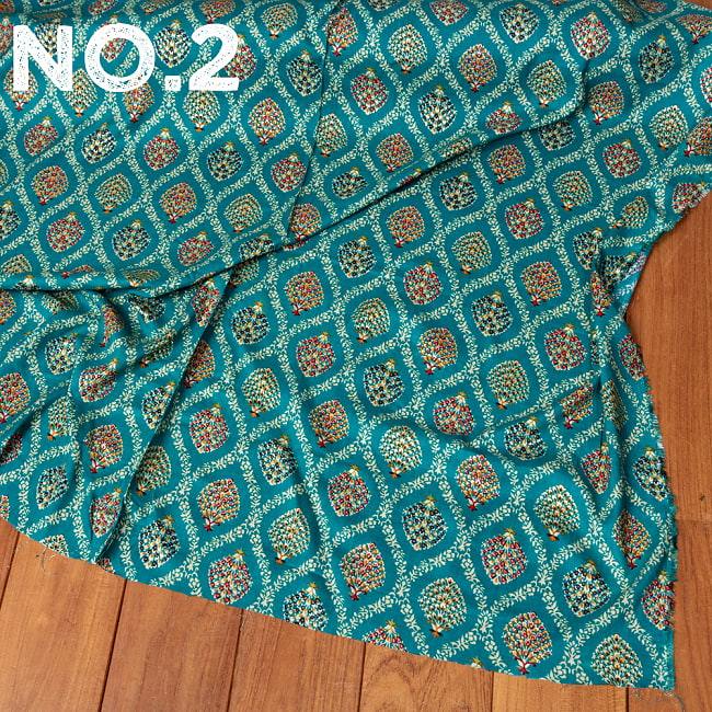 〔各色あり〕〔1m切り売り〕インドの伝統模様布〔約107cm〕 10 - No.2：青緑