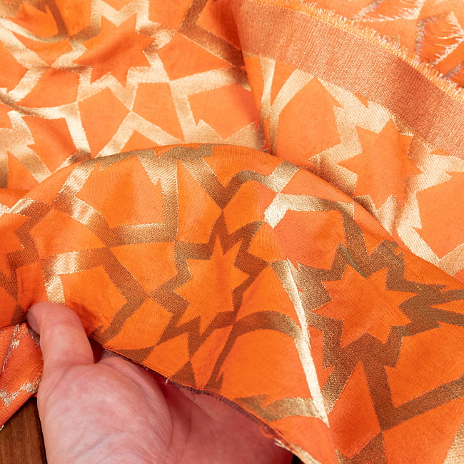 〔1m切り売り〕インドの伝統模様布　光沢感のあるブロケード生地　金糸〔約122cm〕オレンジ系 6 - 生地の拡大写真です