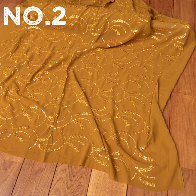 〔各色あり〕〔1m切り売り〕インドのスパンコール刺繍付き　シフォン生地布〔約109cm〕 10 - No.2：黄土