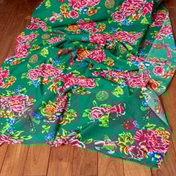 〔1m単位切り売り〕アジアのレトロ花柄ファブリック　生地　東北大花布　鳳凰牡丹　花鳥画　ヴィンテージ風　昭和レトロ〔約160cm〕 - グリーン(MB-RSCLTH-1552)