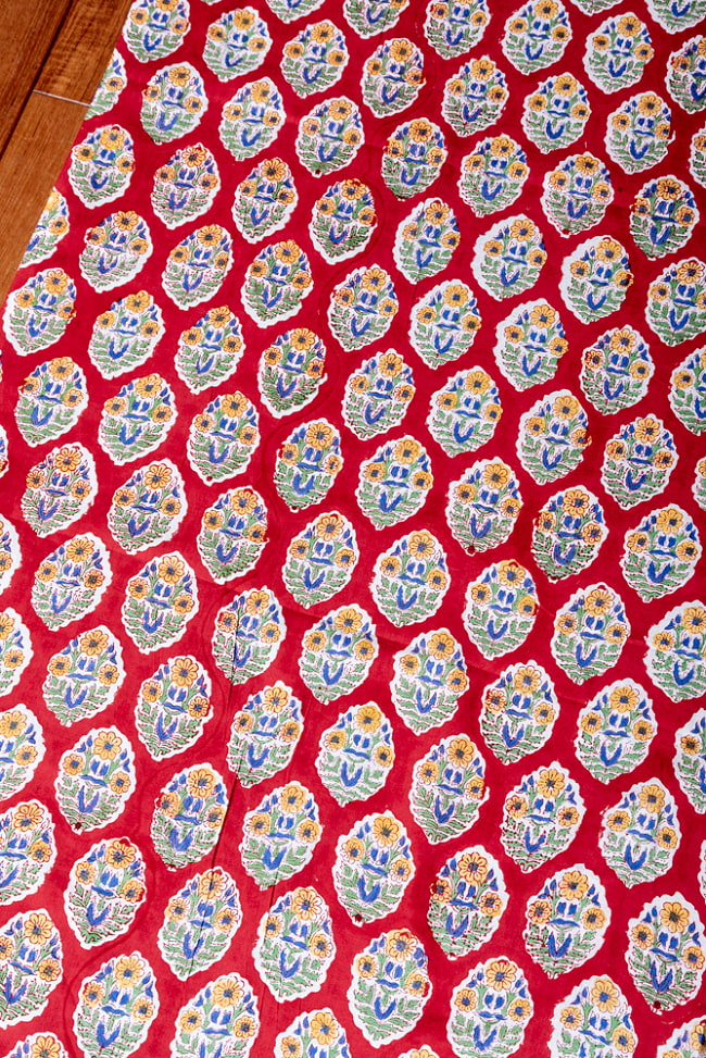 〔1m切り売り〕ジャイプル　職人手作り　色彩豊かなボタニカルデザイン　おしゃれ　生地　花柄　テーブルクロス　刺繍素材などへ〔幅約111cm〕 - レッド系 3 - 1mの長さごとにご購入いただけます。