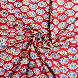 〔1m単位切り売り〕ジャイプル　職人手作り木版染め　色彩美しいボタニカルデザイン　おしゃれ　生地　花柄　テーブルクロス　刺繍素材などへ〔幅約111cm〕 - レッド系 - サブ5