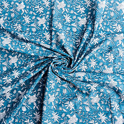 〔1m単位切り売り〕ジャイプル　職人手作り木版染め　色彩美しいボタニカルデザイン　おしゃれ　生地　花柄　テーブルクロス　刺繍素材などへ〔幅約112.5cm〕 - ブルー系 - サブ5