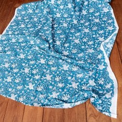 〔1m単位切り売り〕ジャイプル 職人手作り木版染め 色彩美しいボタニカルデザイン おしゃれ 生地 花柄 テーブルクロス 刺繍素材などへ〔幅約112.5cm〕 - ブルー系