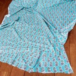 〔1m単位切り売り〕ジャイプル 職人手作り木版染め 色彩美しいボタニカルデザイン おしゃれ 生地 花柄 テーブルクロス 刺繍素材などへ〔幅約109cm〕 - ミントグリーン系