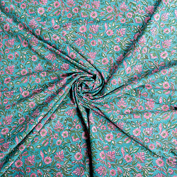 〔1m単位切り売り〕ジャイプル　職人手作り木版染め　色彩美しいボタニカルデザイン　おしゃれ　生地　花柄　テーブルクロス　刺繍素材などへ〔幅約111cm〕 - グリーン系 - サブ5