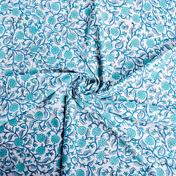 〔1m単位切り売り〕ジャイプル　職人手作り木版染め　色彩美しいボタニカルデザイン　おしゃれ　生地　花柄　テーブルクロス　刺繍素材などへ〔幅約111cm〕 - ブルーグリーン系 - サブ5