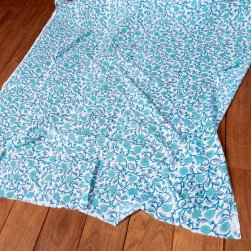 〔1m単位切り売り〕ジャイプル 職人手作り木版染め 色彩美しいボタニカルデザイン おしゃれ 生地 花柄 テーブルクロス 刺繍素材などへ〔幅約111cm〕 - ブルーグリーン系