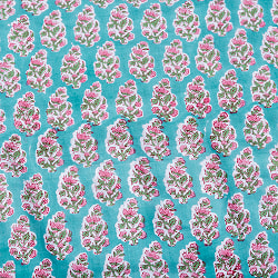 〔1m単位切り売り〕ジャイプル　職人手作り木版染め　色彩美しいボタニカルデザイン　おしゃれ　生地　花柄　テーブルクロス　刺繍素材などへ〔幅約112cm〕 - グリーン系 - サブ4