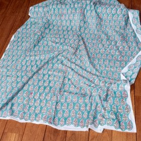 〔1m単位切り売り〕ジャイプル 職人手作り木版染め 色彩美しいボタニカルデザイン おしゃれ 生地 花柄 テーブルクロス 刺繍素材などへ〔幅約112cm〕 - グリーン系(MB-RSCLTH-1588)