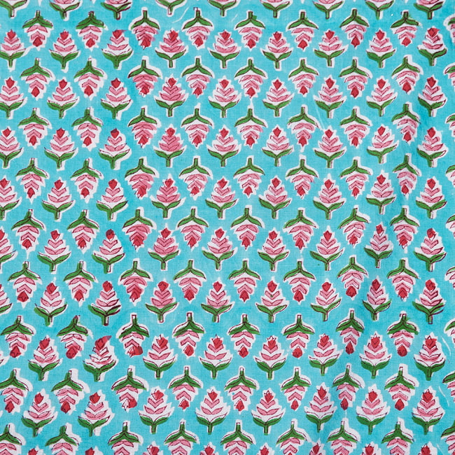 〔1m切り売り〕ジャイプル　職人手作り　色彩豊かなボタニカルデザイン　おしゃれ　生地　花柄　テーブルクロス　刺繍素材などへ〔幅約105cm〕 - 青緑系 4 - インドならではの布ですね。