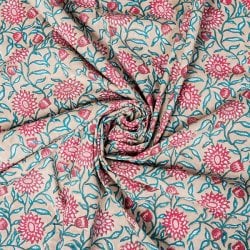 〔1m単位切り売り〕ジャイプル　職人手作り木版染め　色彩美しいボタニカルデザイン　おしゃれ　生地　花柄　テーブルクロス　刺繍素材などへ〔幅約111cm〕 - ブラウン系の商品写真