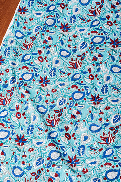 〔1m単位切り売り〕ジャイプル　職人手作り木版染め　色彩美しいボタニカルデザイン　おしゃれ　生地　花柄　テーブルクロス　刺繍素材などへ〔幅約111cm〕 - ブルーグリーン系 - サブ3