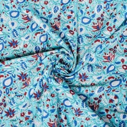 〔1m単位切り売り〕ジャイプル 職人手作り木版染め 色彩美しいボタニカルデザイン おしゃれ 生地 花柄 テーブルクロス 刺繍素材などへ〔幅約111cm〕 - ブルーグリーン系