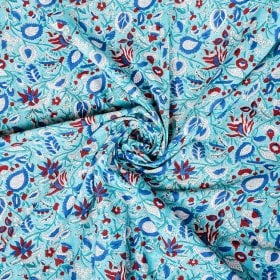 〔1m単位切り売り〕ジャイプル 職人手作り木版染め 色彩美しいボタニカルデザイン おしゃれ 生地 花柄 テーブルクロス 刺繍素材などへ〔幅約111cm〕 - ブルーグリーン系(MB-RSCLTH-1596)