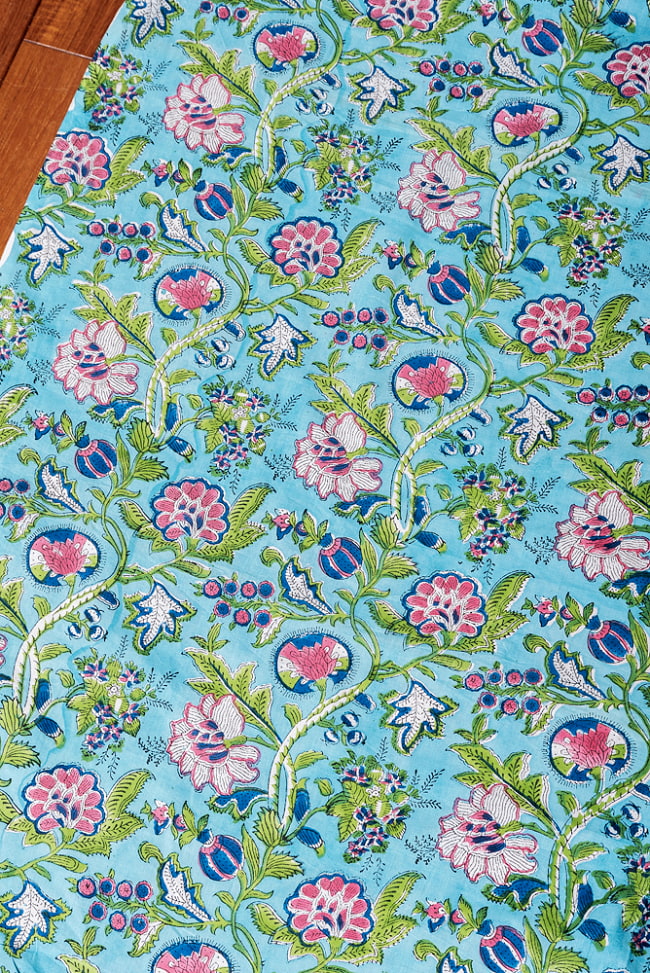 〔1m単位切り売り〕ジャイプル 職人手作り木版染め 色彩美しいボタニカルデザイン おしゃれ 生地 花柄 テーブルクロス 刺繍素材などへ〔幅約107cm〕 - ブルーグリーン系 3 - 1mの長さごとにご購入いただけます。