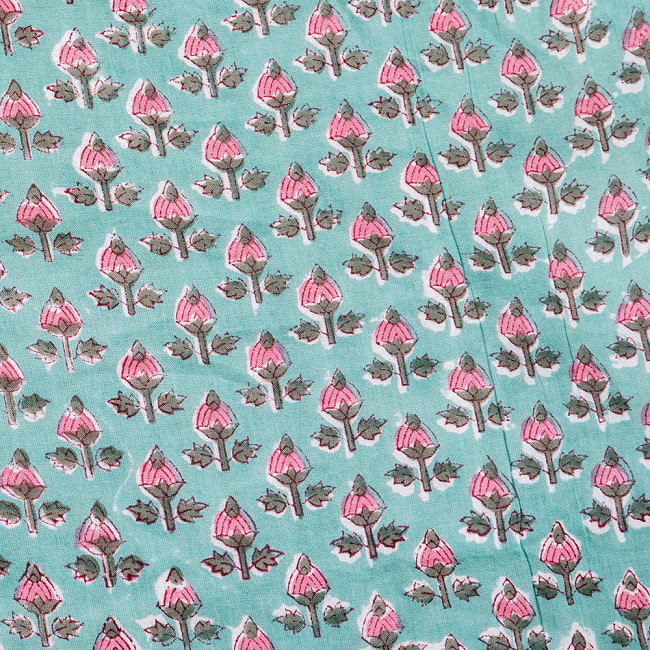 〔1m単位切り売り〕ジャイプル　職人手作り木版染め　色彩美しいボタニカルデザイン　おしゃれ　生地　花柄　テーブルクロス　刺繍素材などへ〔幅約108cm〕 - グリーン系 4 - インドならではの布ですね。