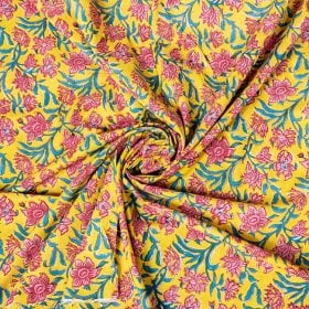 〔1m単位切り売り〕ジャイプル 職人手作り木版染め 色彩美しいボタニカルデザイン おしゃれ 生地 花柄 テーブルクロス 刺繍素材などへ〔幅約110cm〕 - イエロー系(MB-RSCLTH-1602)