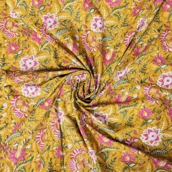 〔1m単位切り売り〕ジャイプル 職人手作り木版染め 色彩美しいボタニカルデザイン おしゃれ 生地 花柄 テーブルクロス 刺繍素材などへ〔幅約109cm〕 - ウグイス系