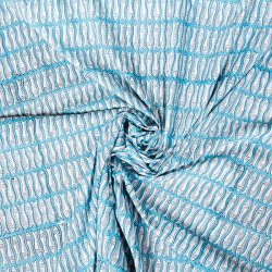 〔1m単位切り売り〕ジャイプル　職人手作り木版染め　色彩美しいボタニカルデザイン　おしゃれ　生地　花柄　テーブルクロス　刺繍素材などへ　お魚　フィッシュ柄　魚群〔幅約109cm〕 - ブルー系の商品写真