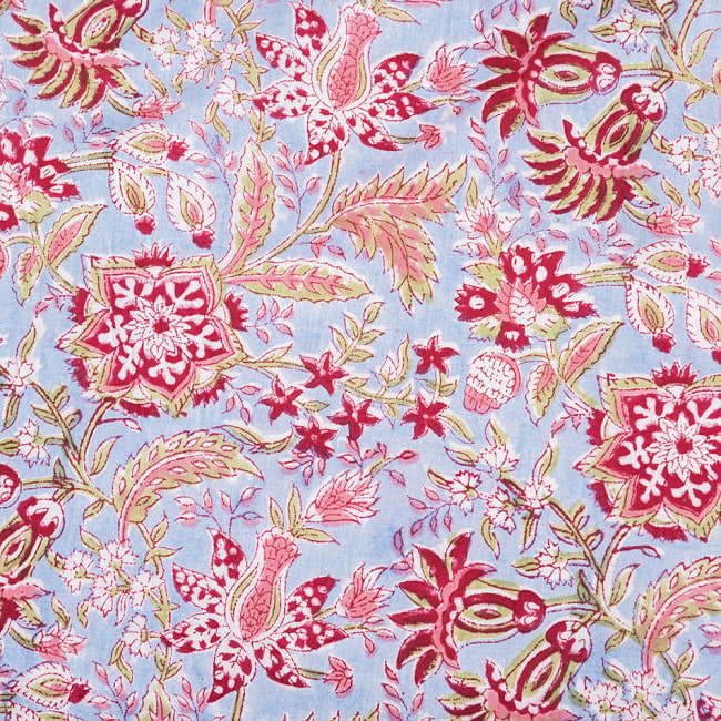 〔1m切り売り〕ジャイプル　職人手作り　色彩豊かなボタニカルデザイン　おしゃれ　生地　花柄　テーブルクロス　刺繍素材などへ〔幅約108cm〕 - サックスブルー系 4 - インドならではの布ですね。