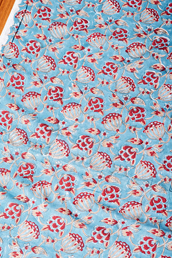 〔1m単位切り売り〕ジャイプル　職人手作り木版染め　色彩美しいボタニカルデザイン　おしゃれ　生地　花柄　テーブルクロス　刺繍素材などへ〔幅約109cm〕 - ティールブルー系 - サブ3