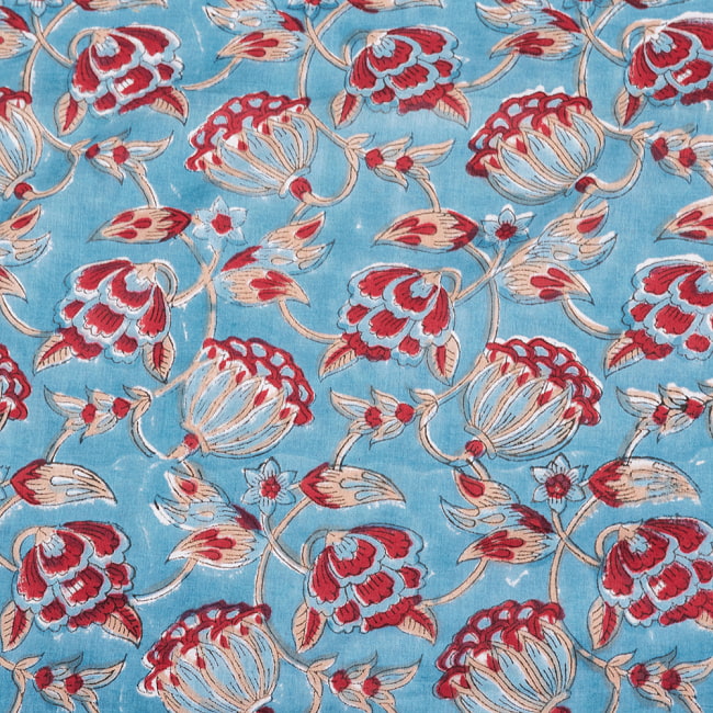 〔1m切り売り〕ジャイプル　職人手作り　色彩豊かなボタニカルデザイン　おしゃれ　生地　花柄　テーブルクロス　刺繍素材などへ〔幅約109cm〕 - ティールブルー系 4 - インドならではの布ですね。