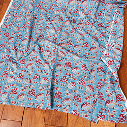 〔1m単位切り売り〕ジャイプル　職人手作り木版染め　色彩美しいボタニカルデザイン　おしゃれ　生地　花柄　テーブルクロス　刺繍素材などへ〔幅約109cm〕 - ティールブルー系 - サブ5