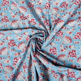 〔1m単位切り売り〕ジャイプル 職人手作り木版染め 色彩美しいボタニカルデザイン おしゃれ 生地 花柄 テーブルクロス 刺繍素材などへ〔幅約109cm〕 - ティールブルー系(MB-RSCLTH-1608)