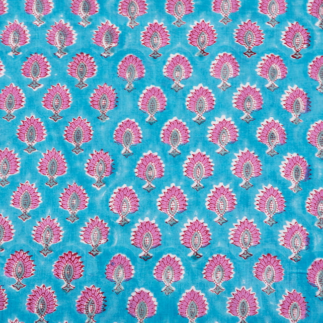 〔1m切り売り〕ジャイプル　職人手作り　色彩豊かなボタニカルデザイン　おしゃれ　生地　花柄　テーブルクロス　刺繍素材などへ〔幅約108cm〕 - ピーコックブルー系 4 - インドならではの布ですね。