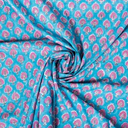 〔1m単位切り売り〕ジャイプル 職人手作り木版染め 色彩美しいボタニカルデザイン おしゃれ 生地 花柄 テーブルクロス 刺繍素材などへ〔幅約108cm〕 - ピーコックブルー系