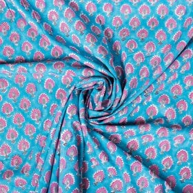 〔1m単位切り売り〕ジャイプル 職人手作り木版染め 色彩美しいボタニカルデザイン おしゃれ 生地 花柄 テーブルクロス 刺繍素材などへ〔幅約108cm〕 - ピーコックブルー系(MB-RSCLTH-1610)