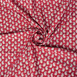 〔1m単位切り売り〕ジャイプル 職人手作り木版染め 色彩美しいボタニカルデザイン おしゃれ 生地 花柄 テーブルクロス 刺繍素材などへ〔幅約109cm〕 - レッド系