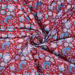 〔1m単位切り売り〕ジャイプル 職人手作り木版染め 色彩美しいボタニカルデザイン おしゃれ 生地 花柄 テーブルクロス 刺繍素材などへ〔幅約107cm〕 - レッド系