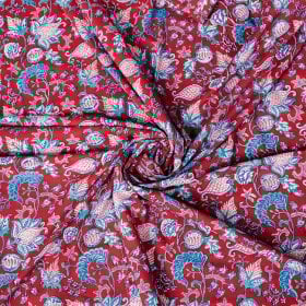 〔1m単位切り売り〕ジャイプル 職人手作り木版染め 色彩美しいボタニカルデザイン おしゃれ 生地 花柄 テーブルクロス 刺繍素材などへ〔幅約107cm〕 - レッド系(MB-RSCLTH-1616)