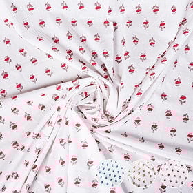 〔1m単位切り売り〕ジャイプル 職人手作り木版染め 色彩美しいボタニカルデザイン おしゃれ 生地 花柄 テーブルクロス 刺繍素材などへ〔幅約108cm〕 - ホワイト系(MB-RSCLTH-1617)