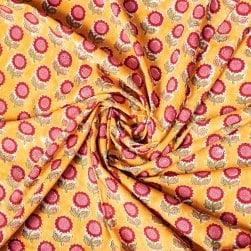 〔1m単位切り売り〕ジャイプル 職人手作り木版染め 色彩美しいボタニカルデザイン おしゃれ 生地 花柄 テーブルクロス 刺繍素材などへ〔幅約108cm〕 - オレンジ系