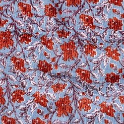 〔1m単位切り売り〕カンタ刺繍がかわいい ボタニカルデザインの布 水色系〔幅約114cm〕