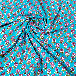 〔1m単位切り売り〕テキスタイルの伝統息づくインドから　昔ながらの小花柄布　青緑系〔幅約111cm〕 - サブ5