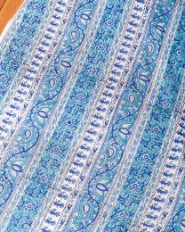 〔1m単位切り売り〕ジャイプル 職人手作り木版染め 色彩美しいボタニカルデザイン〔幅約109cm〕〔ブルー×青緑系 更紗柄〕 おしゃれ 生地 テーブルクロス 手芸素材などへ