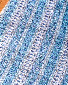 〔1m単位切り売り〕ジャイプル 職人手作り木版染め 色彩美しいボタニカルデザイン〔幅約109cm〕〔ブルー×青緑系 更紗柄〕 おしゃれ 生地 テーブルクロス 手芸素材などへ(MB-RSCLTH-1716)