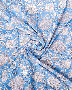 〔1m単位切り売り〕ジャイプル　職人手作り木版染め　色彩美しいボタニカルデザイン〔幅約106cm〕〔水色系　更紗柄〕　おしゃれ　生地　テーブルクロス　手芸素材などへ - サブ4