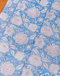 〔1m単位切り売り〕ジャイプル 職人手作り木版染め 色彩美しいボタニカルデザイン〔幅約106cm〕〔水色系 更紗柄〕 おしゃれ 生地 テーブルクロス 手芸素材などへ