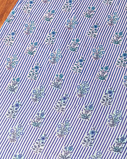 【5個セット】〔1m単位切り売り〕ジャイプル 職人手作り木版染め 色彩美しいボタニカルデザイン〔幅約113cm〕〔ブルー系 更紗柄〕 おしゃれ 生地 テーブルクロス 手芸素材などへの写真