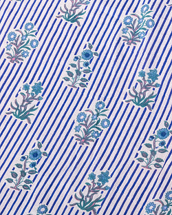 〔1m単位切り売り〕ジャイプル　職人手作り木版染め　色彩美しいボタニカルデザイン〔幅約113cm〕〔ブルー系　更紗柄〕　おしゃれ　生地　テーブルクロス　手芸素材などへ - サブ3