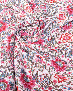 〔1m単位切り売り〕ジャイプル　職人手作り木版染め　色彩美しいボタニカルデザイン〔幅約110cm〕〔グリーン×ピンク系　更紗柄〕　おしゃれ　生地　テーブルクロス　手芸素材などへ - サブ5