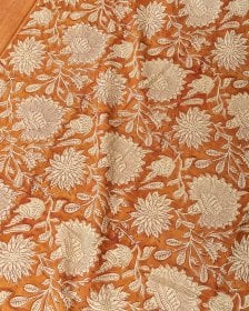 〔1m単位切り売り〕ジャイプル 職人手作り木版染め 色彩美しいボタニカルデザイン〔幅約110cm〕〔ブラウン系 更紗柄〕 おしゃれ 生地 テーブルクロス 手芸素材などへ(MB-RSCLTH-1728)