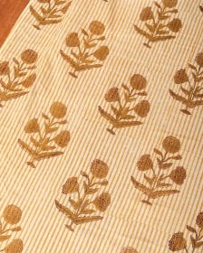 〔1m単位切り売り〕ジャイプル 職人手作り木版染め 色彩美しいボタニカルデザイン〔幅約112cm〕〔ベージュ×ブラウン系 花柄〕 おしゃれ 生地 テーブルクロス 手芸素材などへ(MB-RSCLTH-1729)